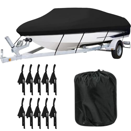 Universal Boat Cover 11-22 Ft 600D Red Heavy Duty Boat Cover Waterproof Anti UV Sun Dustproof Fishing Ski Marine Trailerable V-Hull Protect Canvas Outdoor Protection (14-16ft, Black)