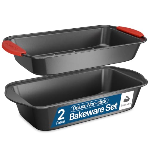 BAKKEN 2-Piece Meatloaf Pan Set - Nonstick Carbon Steel Loaf Pan for Baking Bread with Slotted Drip Tray Grease Drainer, Healthy Cooking Oven Baking Dish with Red Silicone Grip by BAKKENMASTER - Used condition - US$15.30