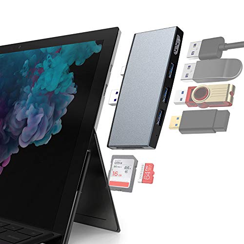 Surface Pro USB Hub Adapter Docking Station, USB 3.0 HDMI Adapter, Rocketek 6-in-1 USB 3.0 Hub Adapter Dongle with 4K USB to HDMI, 3 USB 3.0 Ports, TF SD Card Reader for Surface Pro 6/Pro 5/Pro 4 Hub