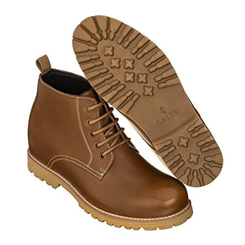 Calto Men's Invisible Height Increasing Elevator Shoes - Brown Premium Leather Lace-Up Round-Toe Work Boots - 3.4 Inches Taller - S8751 - Size 12 D(M) Us #TOP4