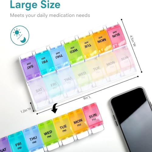 Image of Sukuos AM PM Weekly Pill Organizer 2 Times A Day 2pcs, 7 Day Pill Box with Easy Push Button, BPA Free Medicine Case Vitamin Holder for Fish Oil /Supplements (Rainbow)