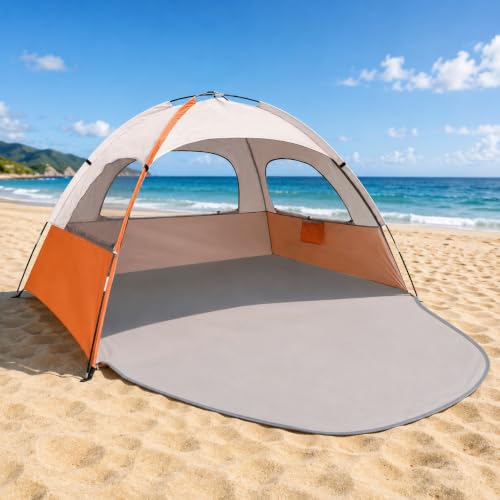 NXONE Beach Tent Sun Shade Shelter for 2-3 Person with UV Protection, Extended Floor, 3 Mesh Roll Up Windows & 8.0mm Fiberglass Rods丨Carry Bag Included (Orange White)