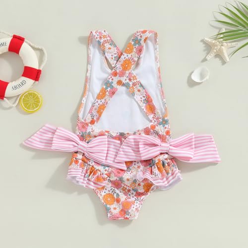 Image of Toddler Kids Girl One Piece Swimsuit Floral Sleeveless Backless Swimwear Bowknot Ruffled Bathing Suit Beachwear