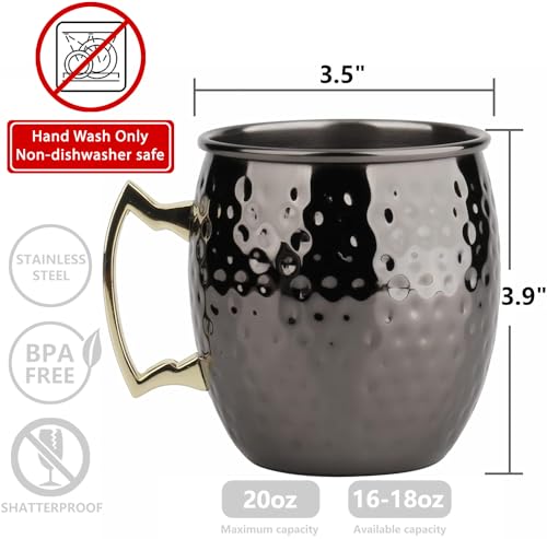 ARORA Caneca Moscow Mule, conjunto de 4 martelados pretos, durável para jantar em casa, capacidade m
