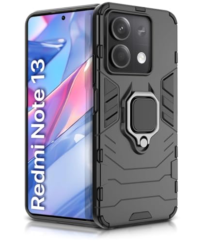 Image of WOW IMAGINE Shock Proof Back Case Mobile Cover for Xiaomi Mi Redmi Note 13 5G | Back Cover Case (Tough Armor | Hybrid PC + TPU | Ring Holder & in-Built Kickstand | Black)