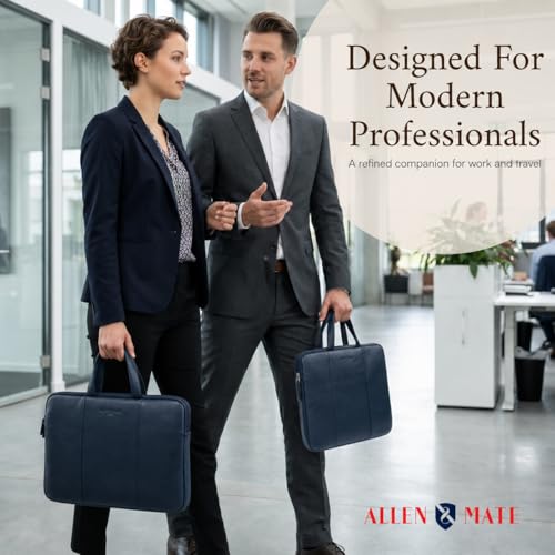 Image of ALLEN & MATE 100% Leather Laptop Case 13 Inch Laptop Sleeve fits MacBook Neo /Air /Pro 13 Inch with M5 /M4 /M3 /M2 /M1, Dell, HP, Lenovo, Chromebook 11-13 inch Computer Bag Zip Pocket - Navy Blue