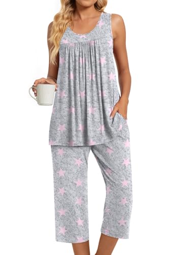 Image of TAOHUADAO Womens Summer 2 Piece Pajama Sets, Sleeveless Tops with Capri Pants, Lounge Ladies Pjs Sets with Pockets