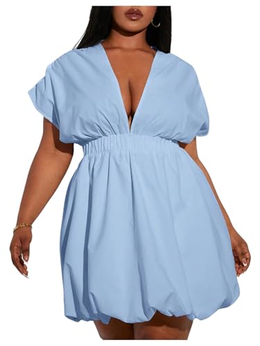 Image of WDIRARA Women's Plus Size Deep V Neck Bubble Dress Short Sleeve A Line Mini Dresses