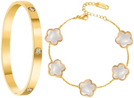 AWAVM Lucky Clover Bracelet Set of 2 Women's 18K Gold Plated Stee...