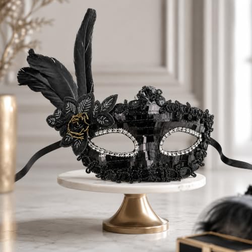 Image of Wanna Party Black Sequin Masquerade Mask for Women Men,Venetian Mask Shinny Eye Masks for New Year Halloween Costume Mardi Gras Party Ball- Black