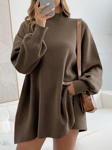 Saodimallsu Womens Turtleneck Oversized Sweaters Puff Sleeve Side Slit Casual Knit Tunic Pullover Tops2