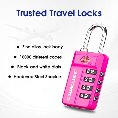 SURE LOCK TSA Approved 4-Digit Resettable Combination Luggage Locks with Open Alert, Easy-Read Dials - for Luggage, School Lockers, Gym, Office, Toolbox & Security Cases(4 Assorted Colors)