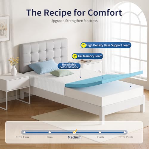 Image of FDW | 8 Inch Twin Mattress | Medium Firm | Gel Memory Foam Mattress | White | Bed in a Box, CertiPUR-US Certified | Pressure Relief, Cooling Ventilated Foam | Washable Removable Cover