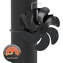 Ventilador Chimenea VOUNOT Ventilador Chimenea Sin Electricidad, Ventilador Estufa Colgante de 6 Aspas Alimentado por Calor para Leña/Quemador de Tronco Silencioso, con Termómetro, Negro