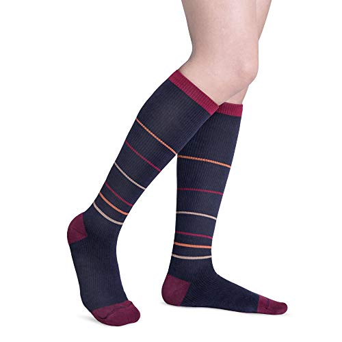 Fytto 4080 Comfy Cotton Compression Socks, 15-20mmHg Graduated Knee-High Hosiery – Pair, Navy, Striped, Large
