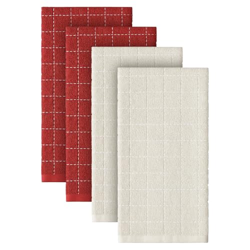 Artoid Mode Checkered Designed Cotton Beige Red Terry Kitchen Dish Towels, 15x25 Inch Soft Absorbent Quick Drying Cleaning Tea Towels Set of 4