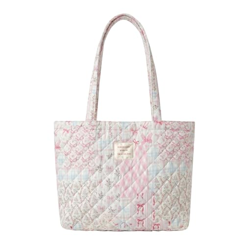 Image of Floral Quilted Cotton Shoulder Bag for Women Medium Size Handbag Large Capacity Thickened Design Tote