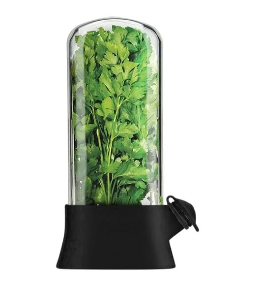 Image of Saiyam Fresh Herb Storage Container with Peeler, Clear Container with Black Base, 25 cm Height, Water Reservoir System