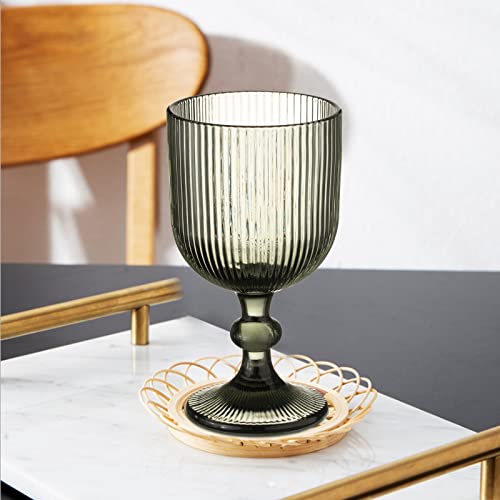 Vintage Wine Glasses Set Of 6, 12 Ounce Colored Glass Water Goblets, Unique Embossed Pattern High Clear Stemmed Glassware Wedding Party Bar Drinking Cups Vertical Line Grey 6 Pack #TOP3