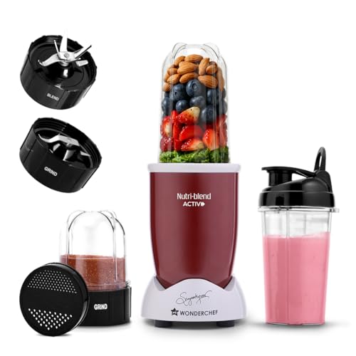 Wonderchef Nutri-blend Activ Mixer Grinder Blender, Smoothie Maker, 500W 22000 RPM 100% Full Copper Motor, 2 Unbreakable Jars, SS Blades, 2 Year Warranty, Recipe book by Chef Sanjeev Kapoor, Red