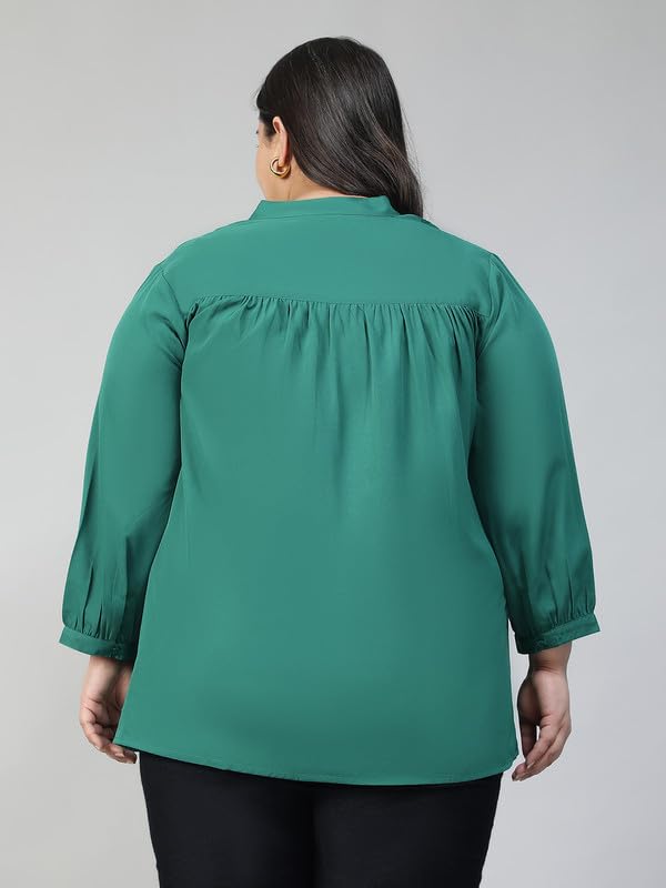 Image of oxolloxo Plus Size Polyester Casual Tops | Relaxed Fit Solid Solid V-Neck |Regular Curved Tops ForPlus Size Women |Green