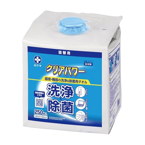 白十字 クリアパワー 詰替え用 150mm×300mm (250枚入) 日本製 洗浄・除菌用 ノンアルコール 厚手生地