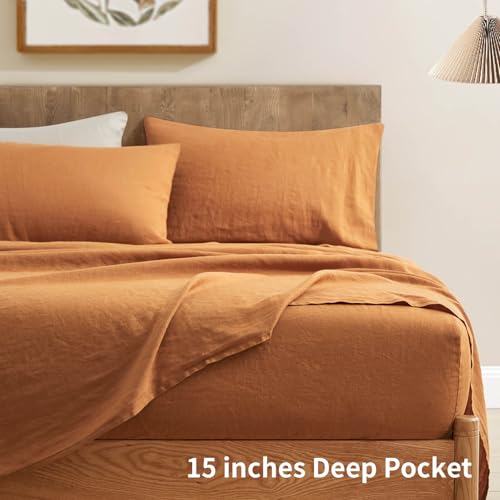 Image of ATLINIA 100% Pure Flax Linen Bedding Set - Stone Washed French Linen Fabric Deep Pocket Fitted Sheet Farmhouse Flat Sheet 2 Pillowcases (Rust, Full)