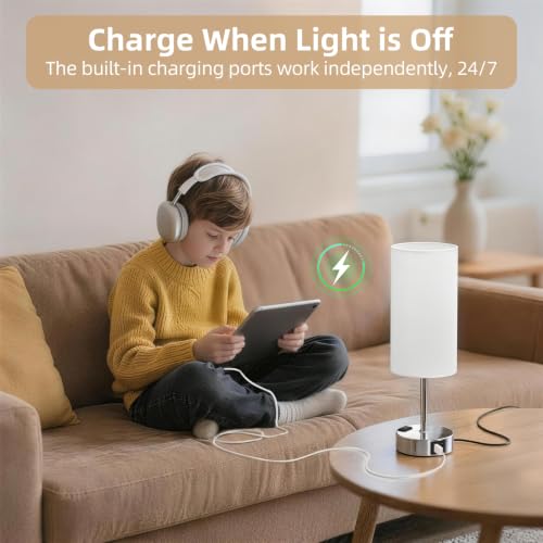 Image of Table Lamp, Dimmable Touch, AC Outlet, USB A+C (White&Silver) | 3-Way Dimmable, Small Touch Lamp with Eye-Care LED Bulb, Ideal Bright Lighting Bedside Lamps for Nightstand, Bedroom, Reading