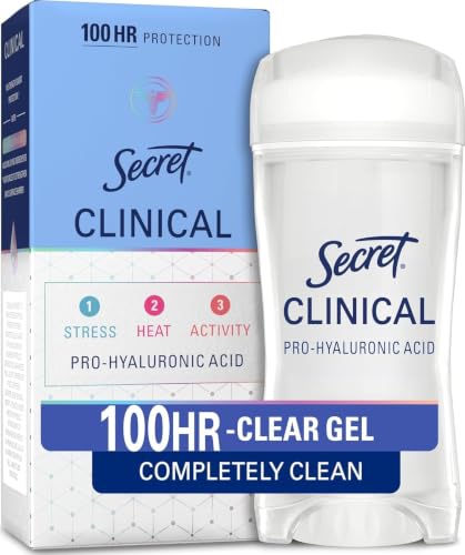 Image of Secret Clinical Strength 100HR Sweat & Odor, Clear Gel Antiperspirant Deodorant for Women, 3X Stress Protection with Hyaluronic Acid, PH Balancing Minerals, Completely Clean Scent, 2.6 oz