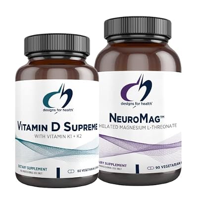 Designs for Health Vitamin D Supreme 5000 IU + Vitamin K (60 Capsules) + NeuroMag Chelated Magnesium L-Threonate for Cognitive Support (90 Capsules) - 2 Product Bundle