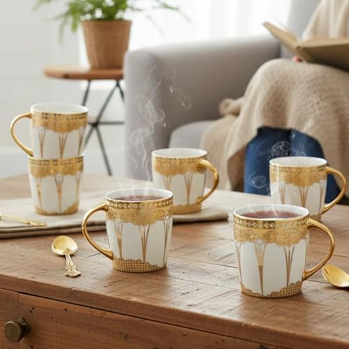 Image of Clay Craft Fine Ceramic Tea Cups Set of 6| 140 Ml Gold Print Cups with Handle | Elegant Design for Tea| Coffee| Home| Office & Gifting