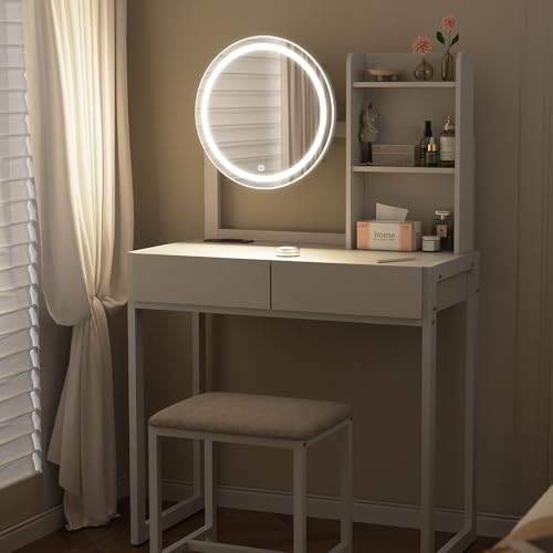 Image of VFK Small Vanity Desk with Mirror and Lights, Makeup Vanity Table with LED Mirror, 3 Lighting Modes, Power Outlet, Drawer, Open Shelves and Cushioned Stool for Bedroom (White)