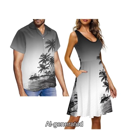 Image of Dreaweet Summer Dresses for Women A-Line Sleeveless Flowy Sun Dresses,Men's Casual Button-Down Shirts,Couple Matching Outfits