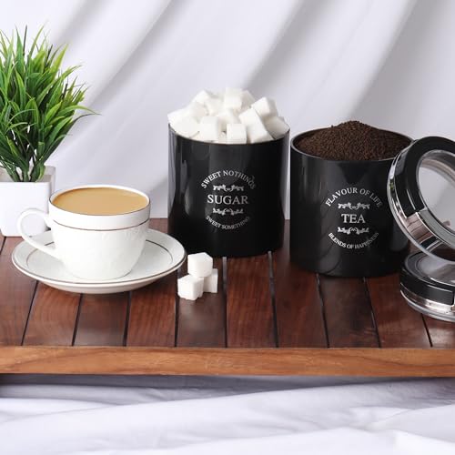 Image of Jaypee Plus Classique 2 Tea Coffee Sugar Storage Container Set 750 ml Airtight Plastic canisters Tea containers for kitchen | Silicon rubber lock Stackable glossy finish transparent Lid, Black