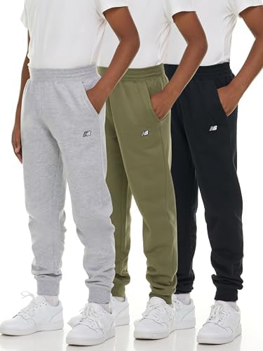 New Balance Boys Fleece Jogger 3 Pack – Kids Soft Cotton Blend Fleece Sweatpants with Pockets, Athletic Fit, Sizes 4-20