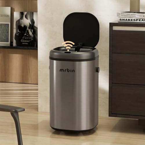 Image of MRBIN Stainless Steel Adsorption Motion Sensor Trash Can Removable, 18L / 4.8gal Automatic Absorbing Bag Lidded Garbage Bin with Wheels, Waste Basket for Kitchen, Bathroom, Eclipse Grey