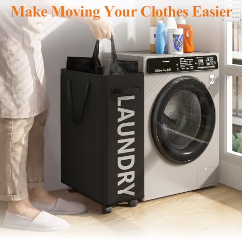 Image of Optish 50L Slim Rolling Laundry Basket with Wheels & Removable Bag, Black