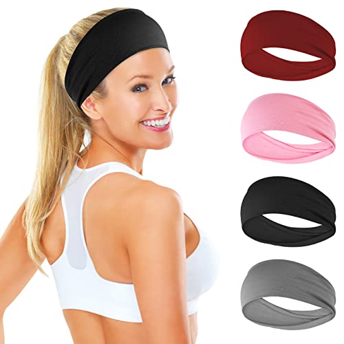 Sibba 4 Pieces Women's Headbands Elastic Non Slip Headband Yoga Exercise Sweat Wicking Bands Running Workout Hair Band Hair Accessories