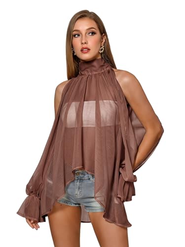 OYOANGLE Women's Sheer Chiffon Halter Blouse Dressy Split Flowy Shirts