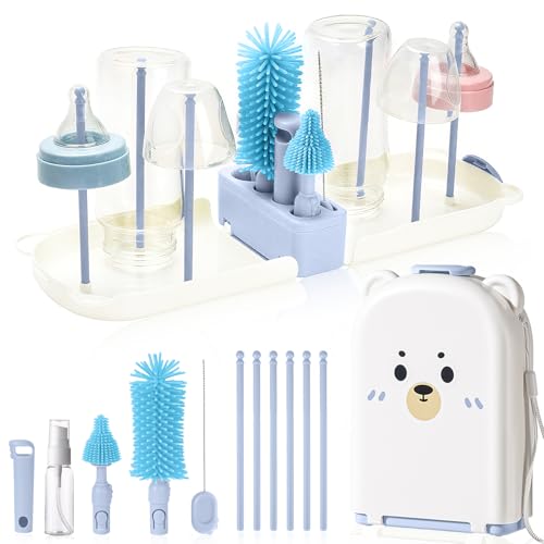 WeSweet Travel Bottle Brush Baby Portable Baby Travel Essentials - Cleaning Brush/Nipple & Straw Cleaner/Soap Dispenser/Drying Rack Feeding Accessories