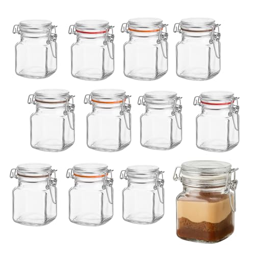 PALUPLUS 12 Barattoli in Vetro Quadrati con Coperchio da 100 ml, Misura 7x5x8 cm, Vasetto vuoto Chiusura a Clip Ermetica, per Marmellate, Spezie, Bomboniere, Guarnizione Colori Assortiti -358C -2,3