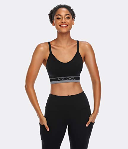 Angool Strappy Sports Bras For Women, Longline Medium Support Yoga Bra Wirefree Padded Sports Bra With Adjustable Straps Black #TOP4