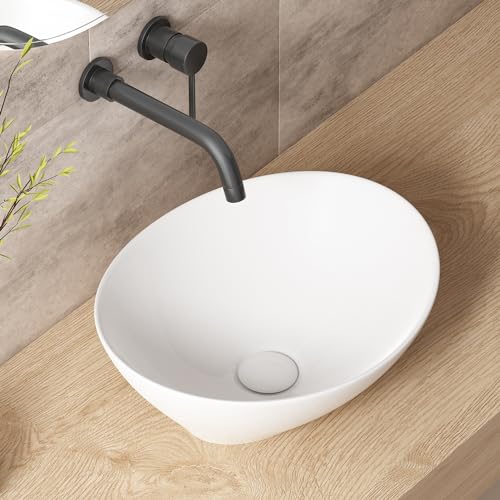 Small Bathroom Sink Above Counter, OCEALAGOON 16″x13″ Oval Vessel Sink, Porcelain Ceramic Bowl...
