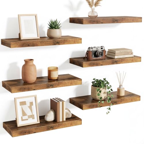 Fixwal 15.7in Floating Shelves Set of 6 Wood Shelves Farmhouse Shelf Wall Decor for Bathroom Bedroom Living and Kitchen Room (Rustic Brown)