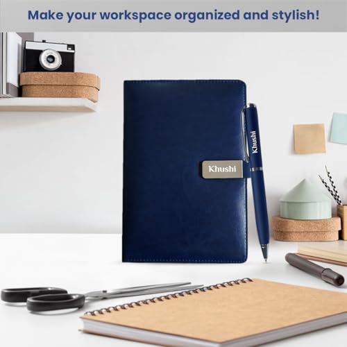 Image of Giftana Personalized Notebook Diary with Pen Gift Set for Men and Women, 2 in 1 Customized Office Diaries A5 Size Notebook, Diwali Gifts, Personalised New Year Corporate Gifts for Employees (Navy Blue)