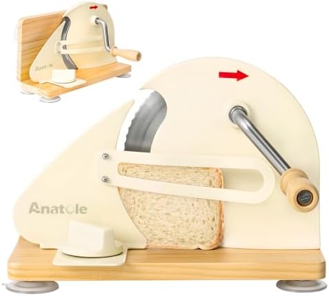 Anatole Foldable Manual Bread Slicer for Homemade Sourdough Bread with Engraved Scale Line Bread Guide Hand Crank Bread Cutter with Adjustable Thickness Stainless Steel Blade 6 Suction Cups