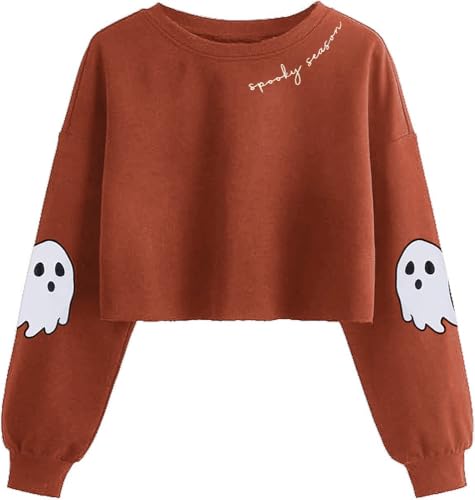 KNBUO Women's Funny Ghost Graphic Crop Sweatshirt Halloween Spooky...