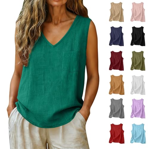 Linen Tops for Women Cotton Gauze Linen Tank Tops Women's Sleeveless Top Muslin Shirt Plus Size 2026 Summer Beach Vacation Petite Hemp Clothing Loose Fit Camisole Blusas de lino para Mujer Green