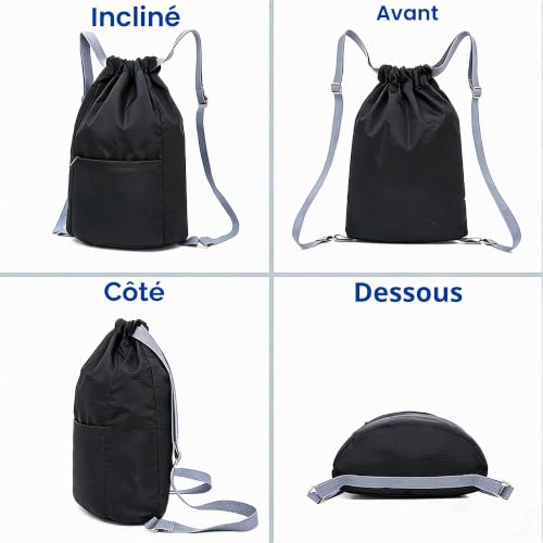 VQBKHO Sac à Dos Imperméable à Cordon, Sac de Sport Léger Unisexe avec Grande Capacité et Poche Zippée Sac Pliable Bandoulière Réglable pour Gym École Voyage Natation Randonnée – vue 6