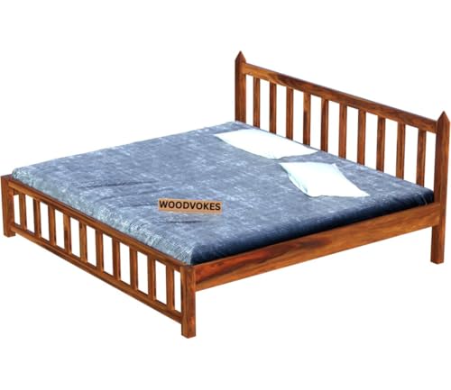 Image of Sheesham Wood Bed Without Storage Solid Wooden Cot Double Bed Furniture Elegant and Functional Bedroom Living Room Home Palang (Natural, Queen)